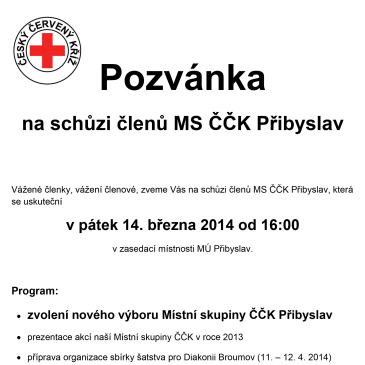 Schůze členů MS ČČK Přibyslav 14. 3. 2014